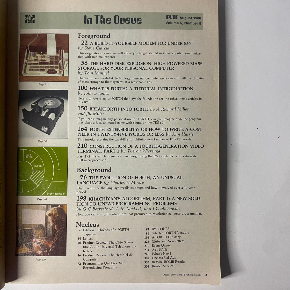 Page from Byte Magazine August 1980 Vol 5 No 8 featuring sections titled 'Foreground' and 'Background', highlighting articles on Forth language programming, including tutorials and reviews.