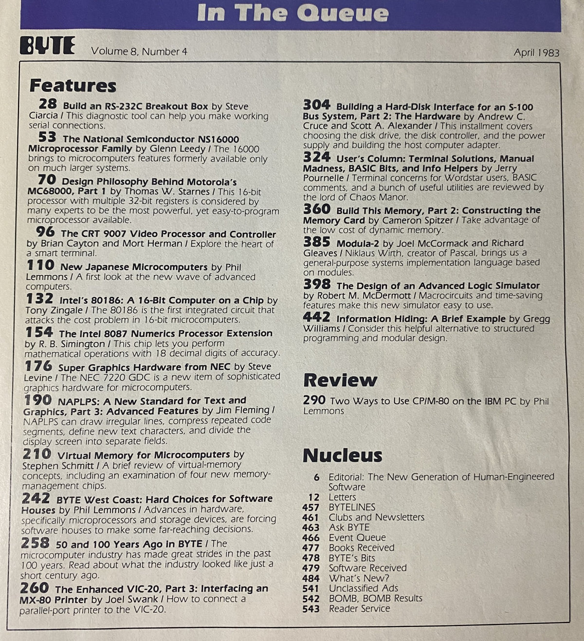 Byte Magazine April 1983 Vol 8 No. 4 featuring articles such as 'Build an RS-232C Breakout Box' by Steve Ciarcia and 'Design Philosophy Behind Motorola's MC68000'. The magazine showcases significant advancements in microprocessors and hardware from the early 1980s.