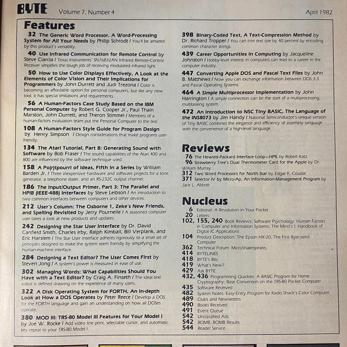 Table of contents from Byte Magazine April 1982, Volume 7, Number 4. Features articles on Human Factors Engineering, color displays, and early personal computing topics.
