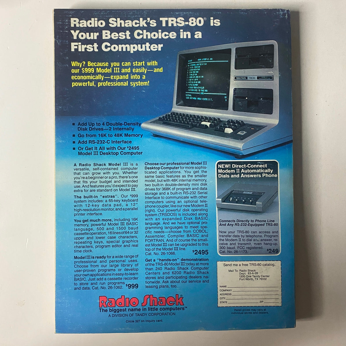 Back cover of Byte Magazine July 1982, Vol 7, No 7, promoting Radio Shack's TRS-80 computer and its features.