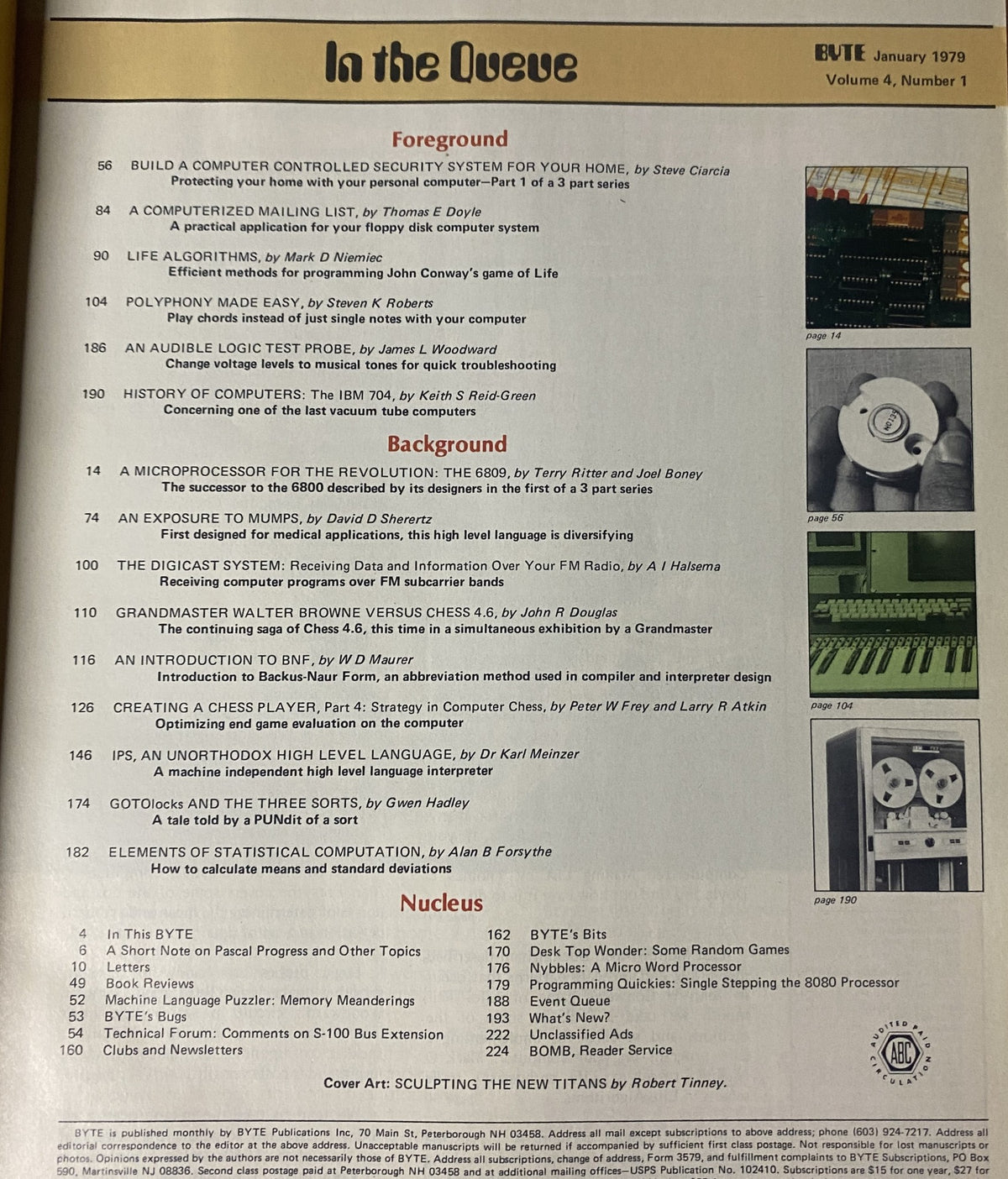 Page from Byte Magazine January 1979 Vol 4 No. 1 Sculpting The New Titans featuring table of contents with article titles and authors related to computer projects and programming concepts.