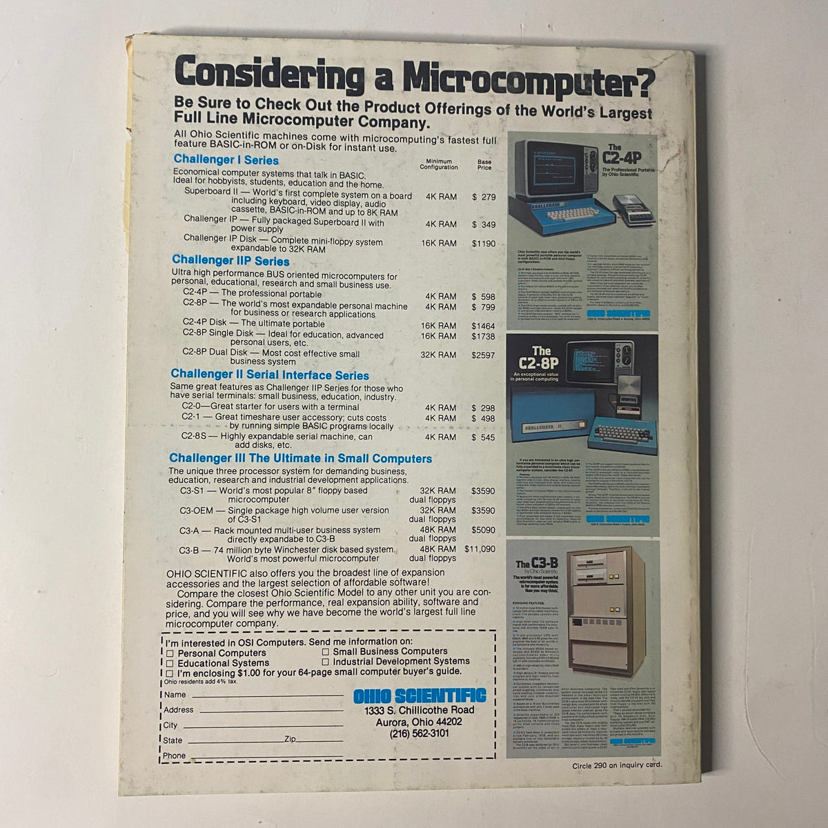 Back cover of Byte Magazine January 1979 Vol 4 No. 1 Sculpting The New Titans displaying an advertisement for the Challenger III Series of microcomputers, featuring product pricing and specifications.