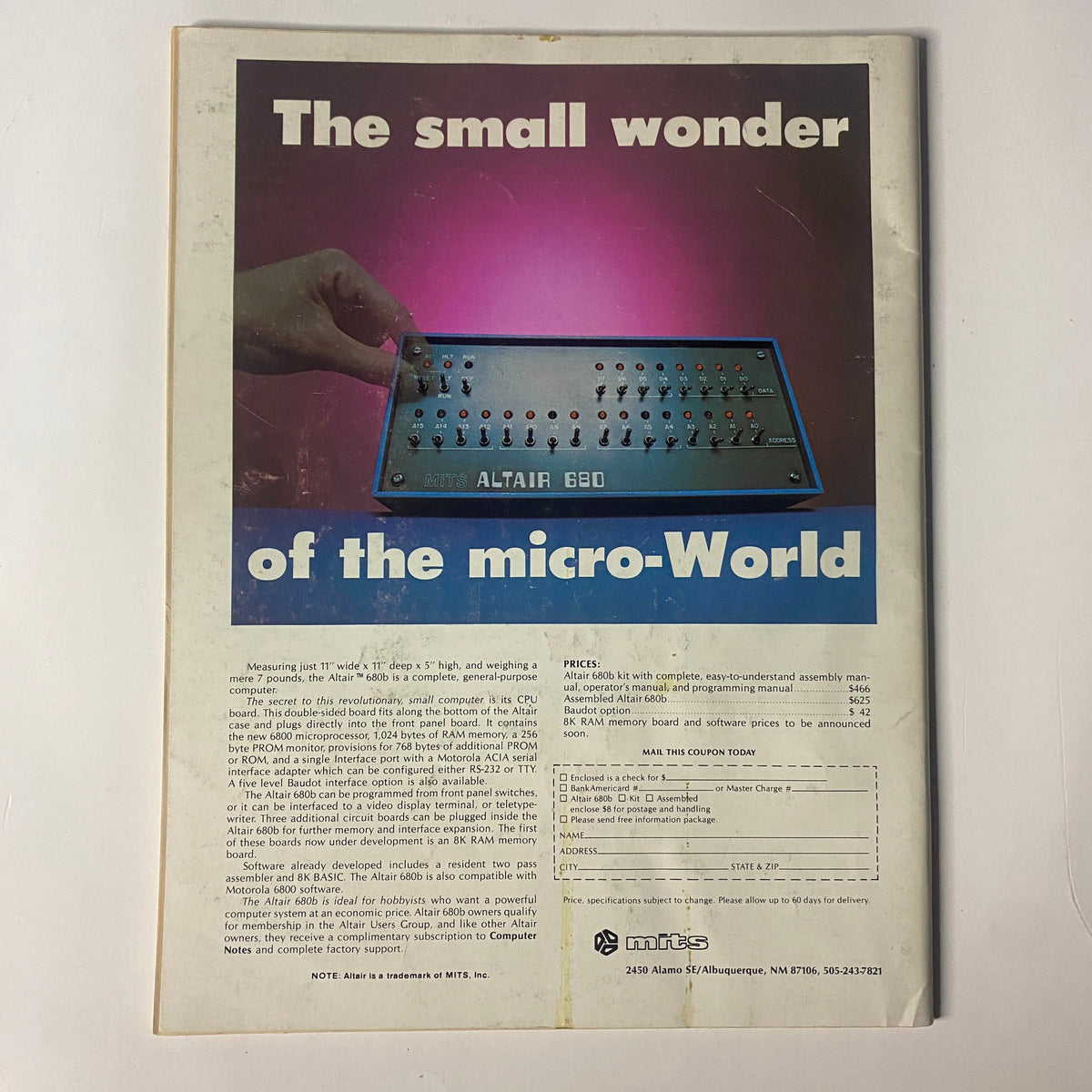 Byte Magazine July 1976 No. 11 advertisement featuring the Altair 880 microcomputer, highlighting its features and pricing information.