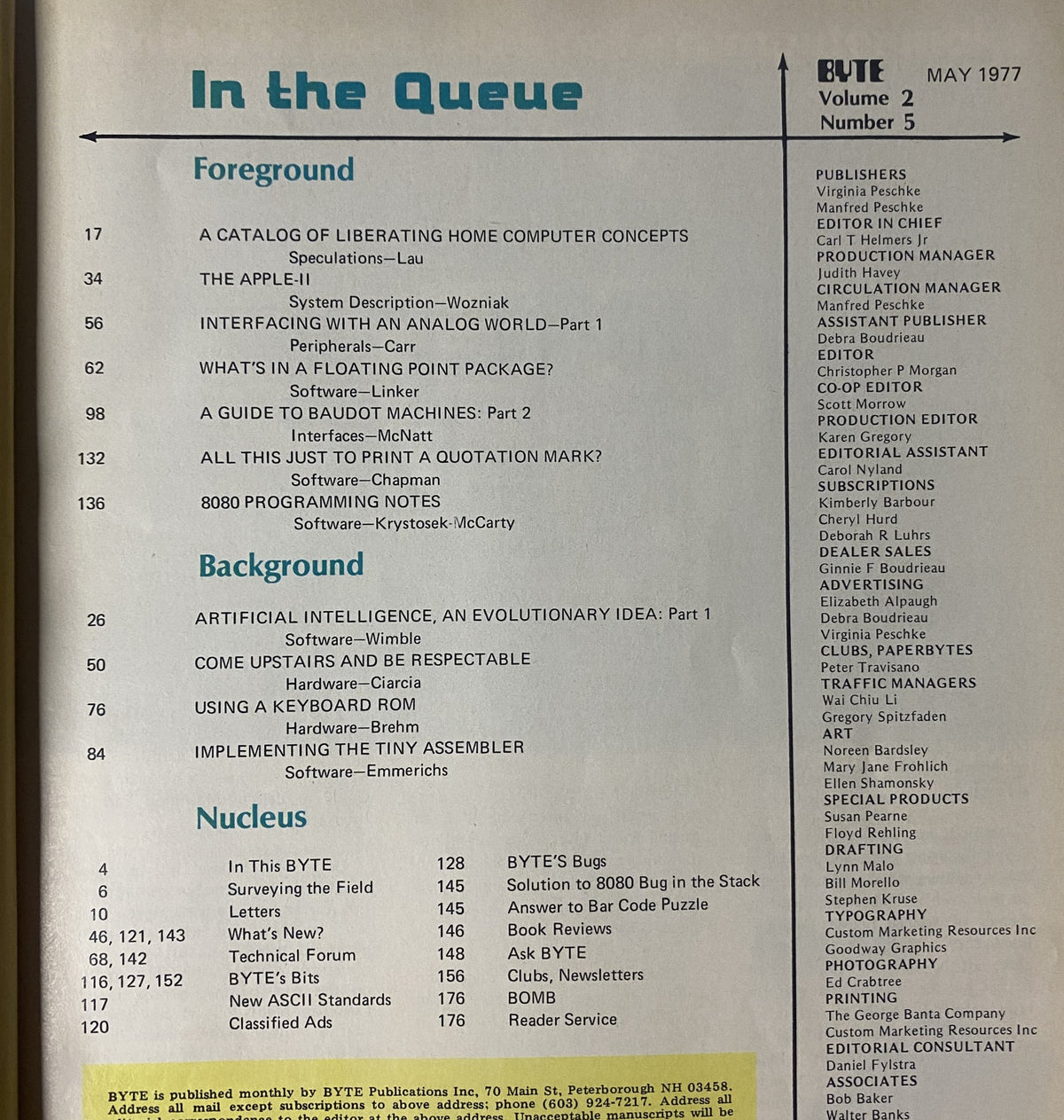 Table of contents for Byte Magazine May 1977, highlighting articles on artificial intelligence, personal computing, and hardware descriptions.