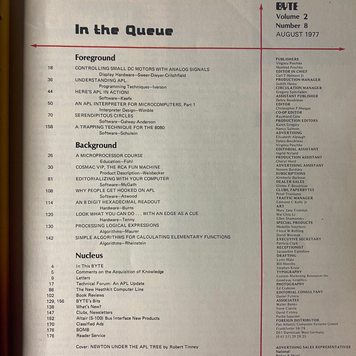 Table of contents from Byte Magazine August 1977, Vol 2 No 8, outlining featured articles on programming, APL, and microcomputer technology.