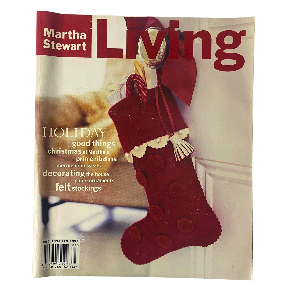 Cover of Martha Stewart Living Magazine – December 1996 featuring a Handmade Child's Stocking, showcasing holiday-themed articles and festive decorations.