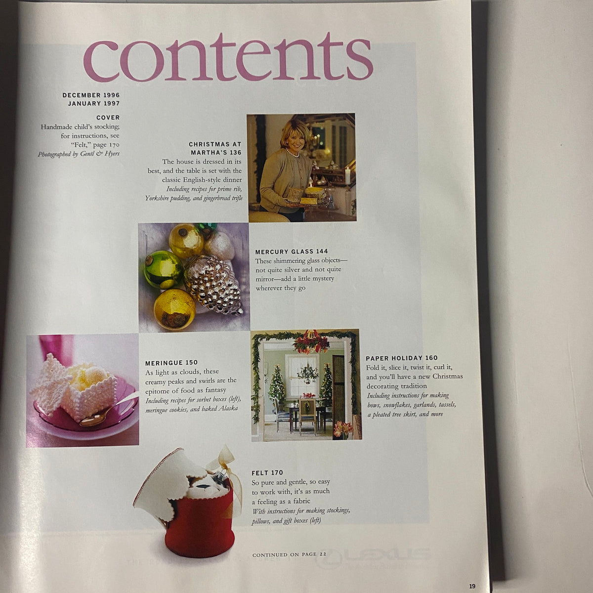 Contents page of Martha Stewart Living Magazine December 1996 showing sections on Christmas at Martha's, mercury glass, meringue desserts, and felt crafts.