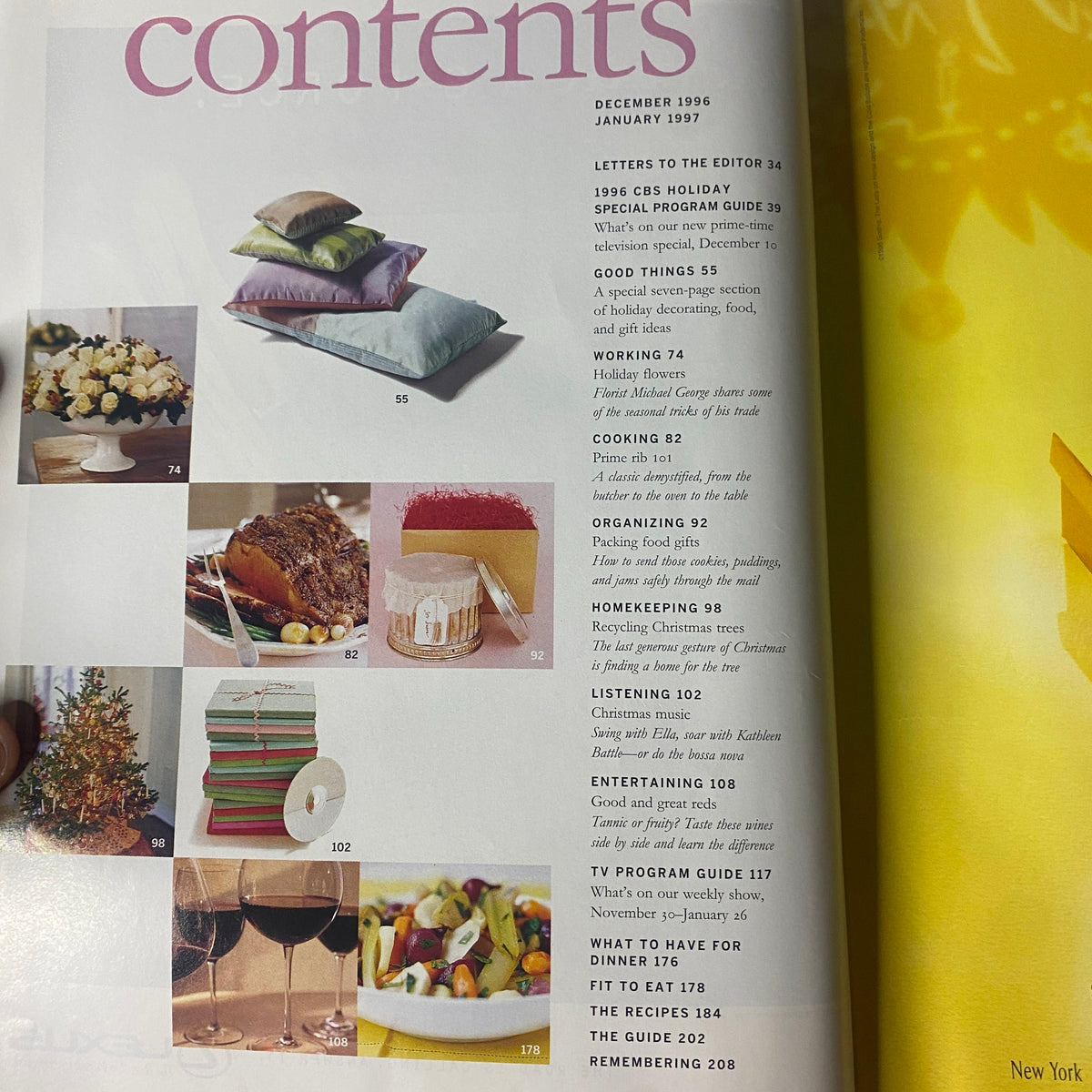 Contents page of Martha Stewart Living Magazine December 1996 listing articles on homekeeping, entertaining, and holiday recipes with colorful images.
