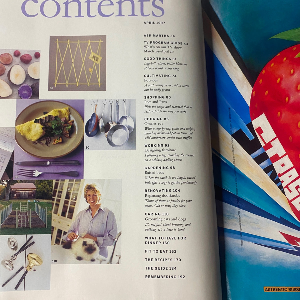 Another contents page from Martha Stewart Living Magazine April 1997, highlighting various sections such as Ask Martha, Cooking, and Caring, along with an image of Martha Stewart with a cat.