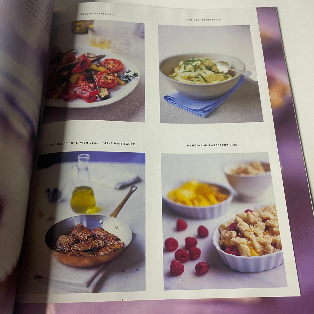 Recipe page from Martha Stewart Living Magazine April 1997 showcasing four delicious dishes, including roasted ratatouille and lamb medallions, emphasizing culinary creativity.