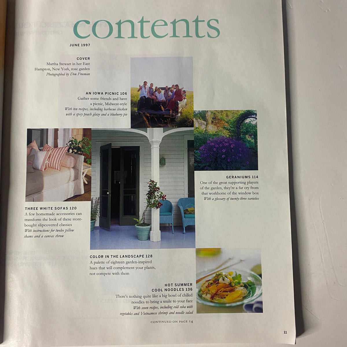 Contents page of Martha Stewart Living Magazine June 1997, highlighting features like 'An Iowa Picnic', 'Geraniums', 'Three White Sofas', and 'Cool Noodles', emphasizing summer themes.