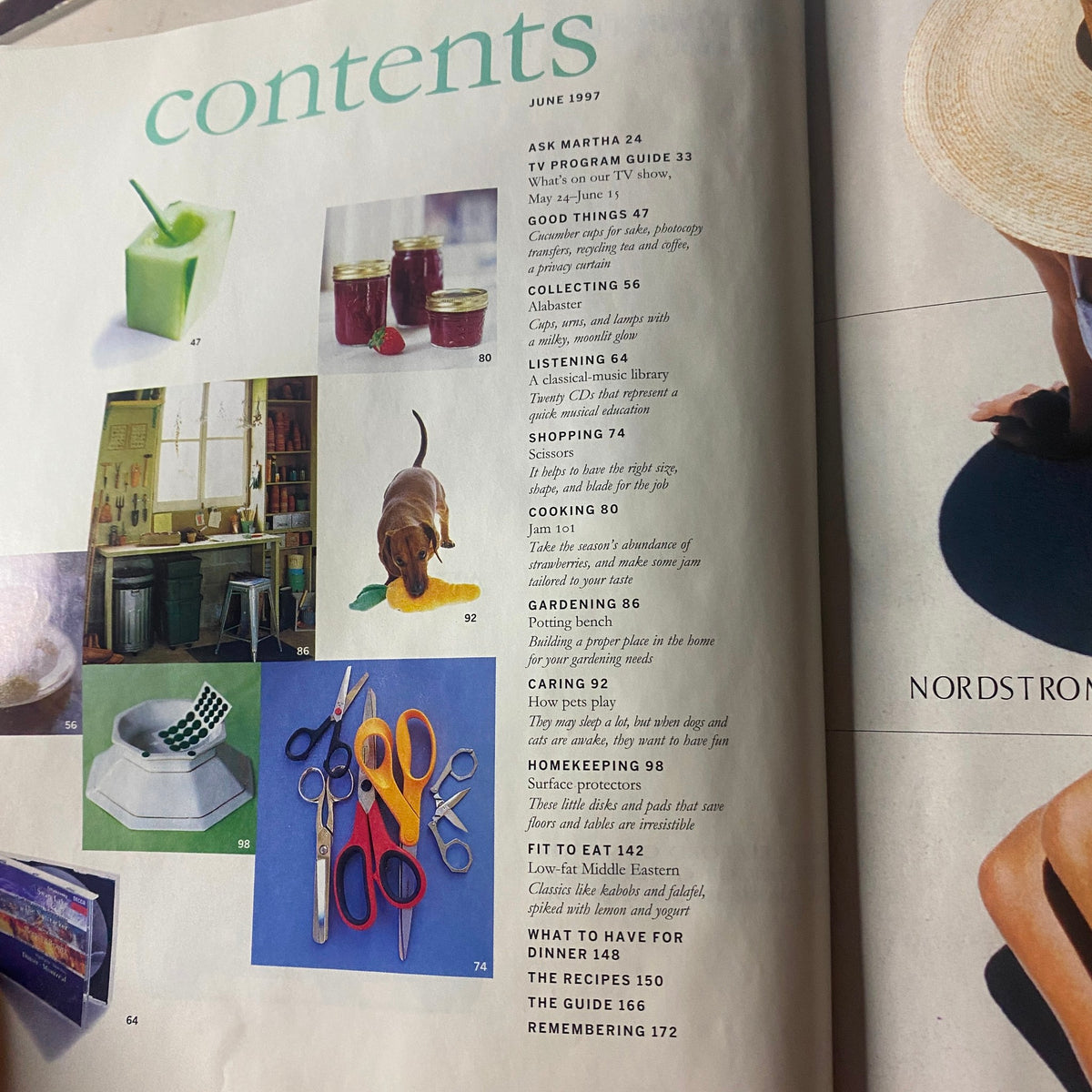 Contents overview of Martha Stewart Living Magazine June 1997, showcasing articles such as 'Ask Martha', 'Collecting', and 'Fit to Eat', providing a glimpse into practical gardening and cooking advice.