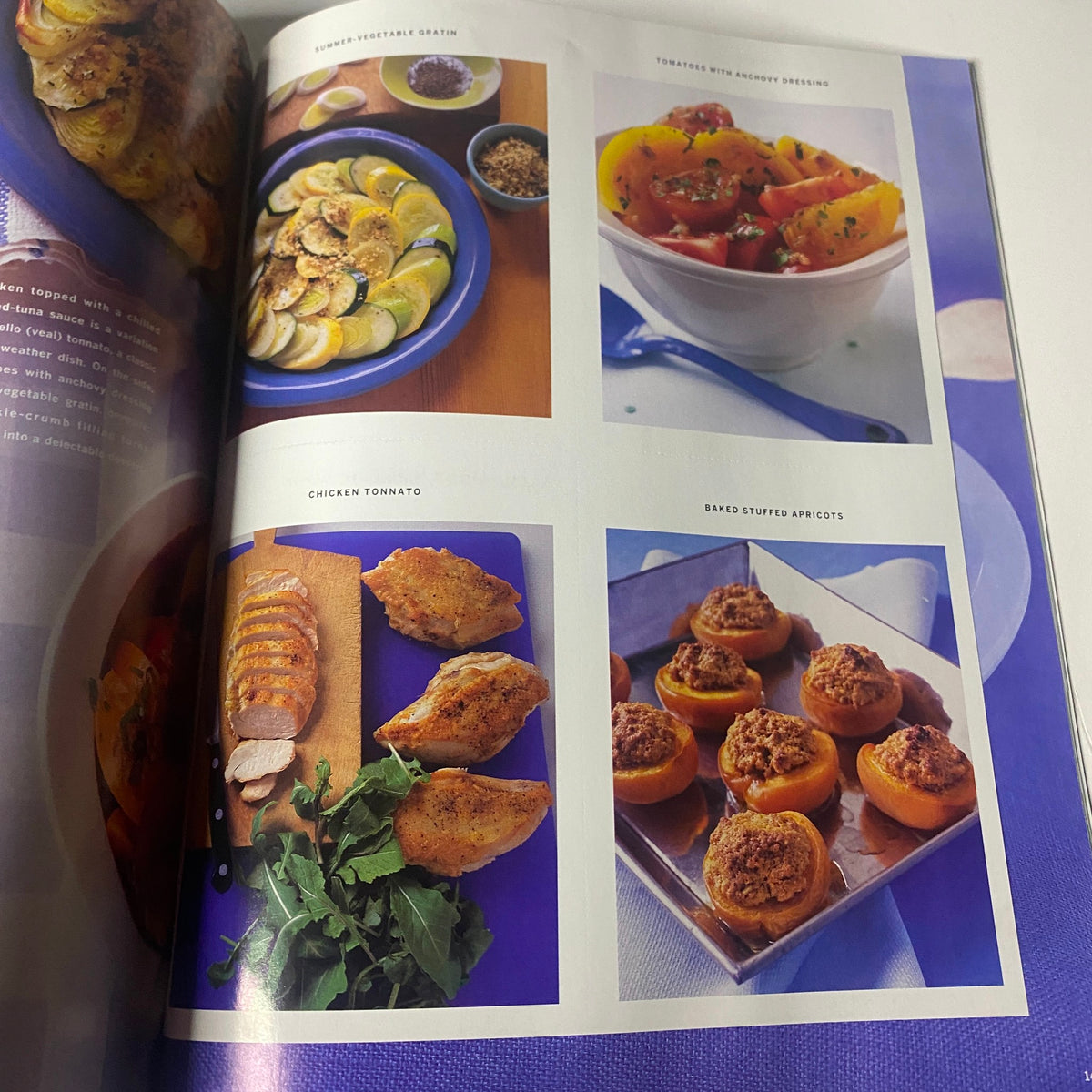 Recipe section of Martha Stewart Living Magazine June 1997 displaying colorful dishes like Chicken Tornado and Baked Stuffed Apricots, emphasizing refreshing summer cuisine.