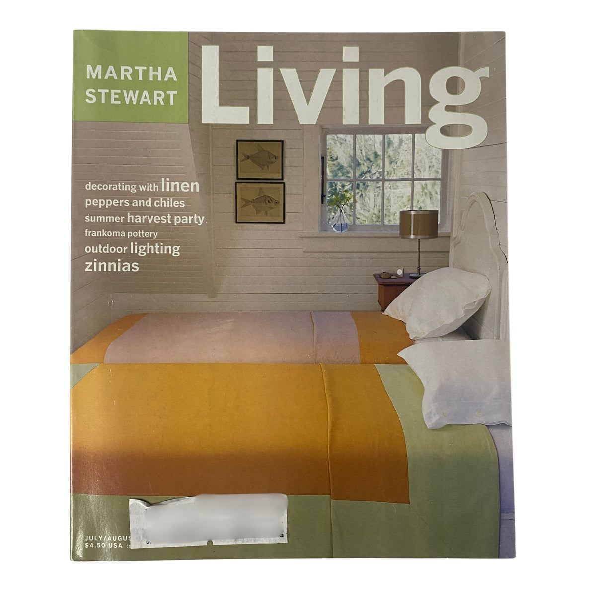 Martha Stewart Living Magazine July 1997 cover showcasing a summer-themed linen coverlet in vibrant colors, reflecting seasonal decorating inspiration.