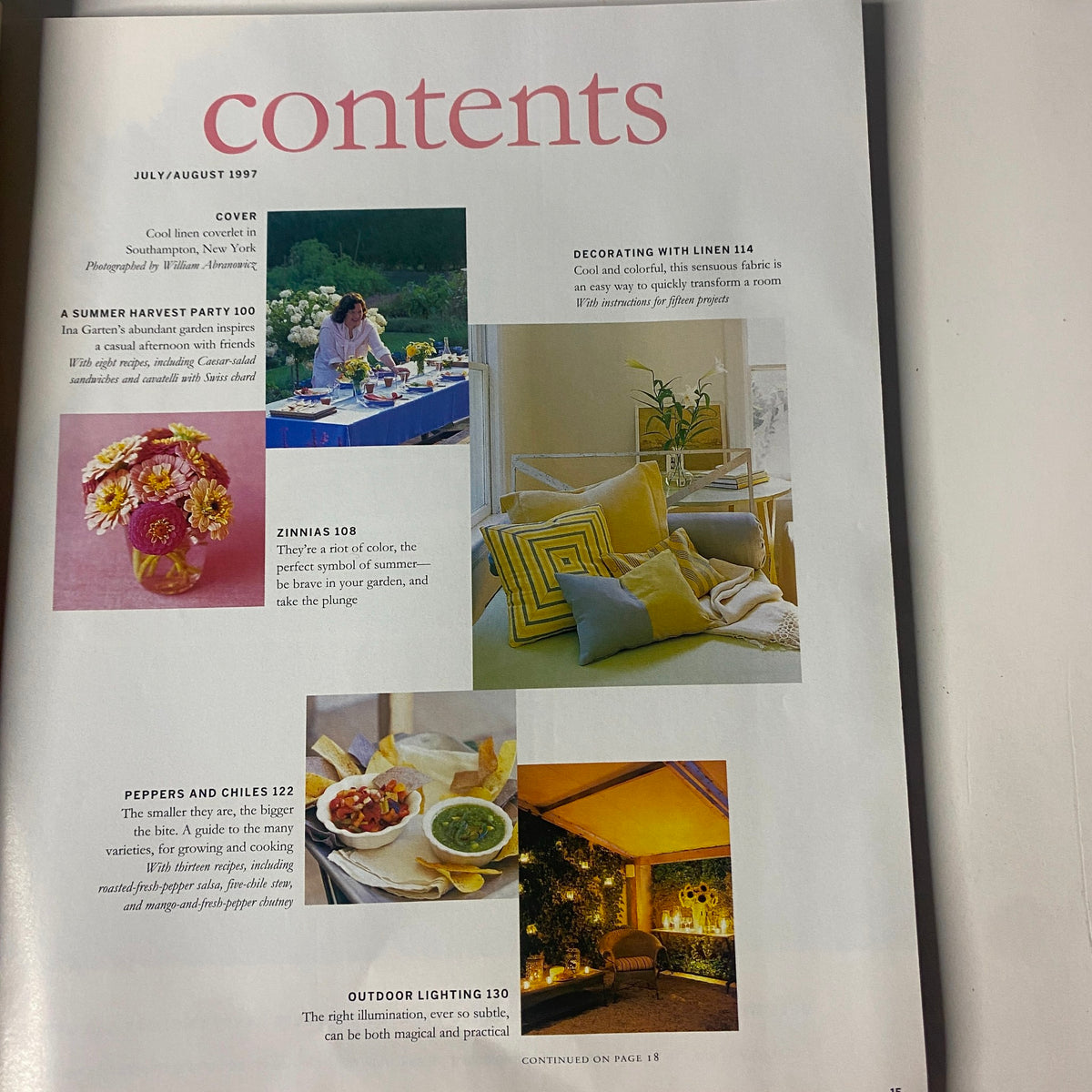 Contents page of Martha Stewart Living Magazine July 1997 featuring highlights like Decorating with Linen, Zinnias, and recipes for Summer Harvest Party and Peppers and Chiles.