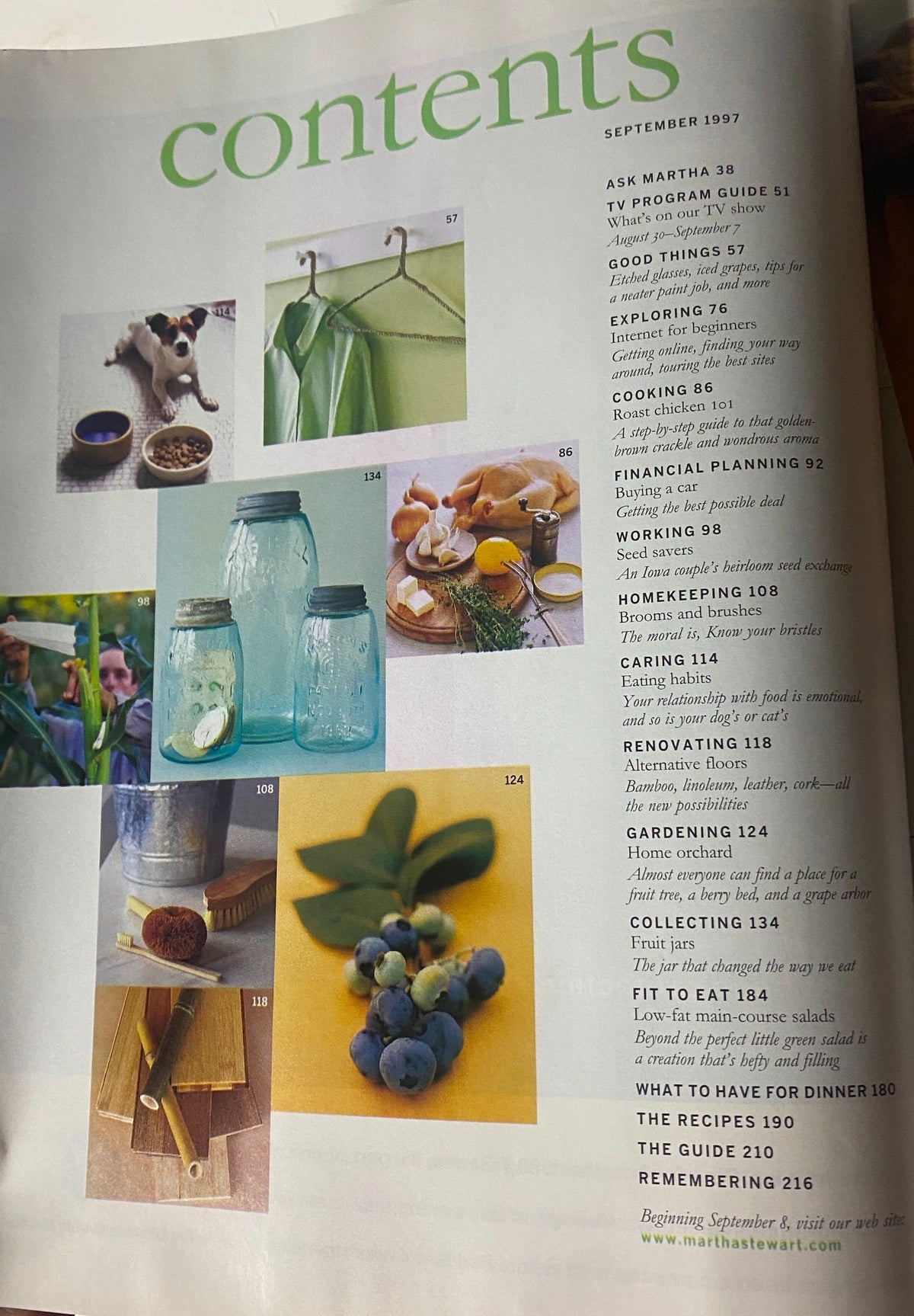 Contents page of Martha Stewart Living Magazine September 1997 showcasing various articles including 'Ask Martha' and 'Exploring – Internet for Beginners' with related images.