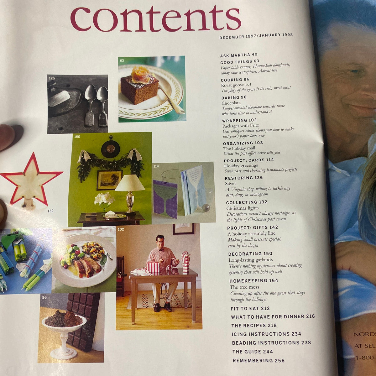 Second contents page from Martha Stewart Living Magazine December 1997, highlighting sections such as Ask Martha, cooking recipes, holiday wrapping ideas, and homekeeping tips.
