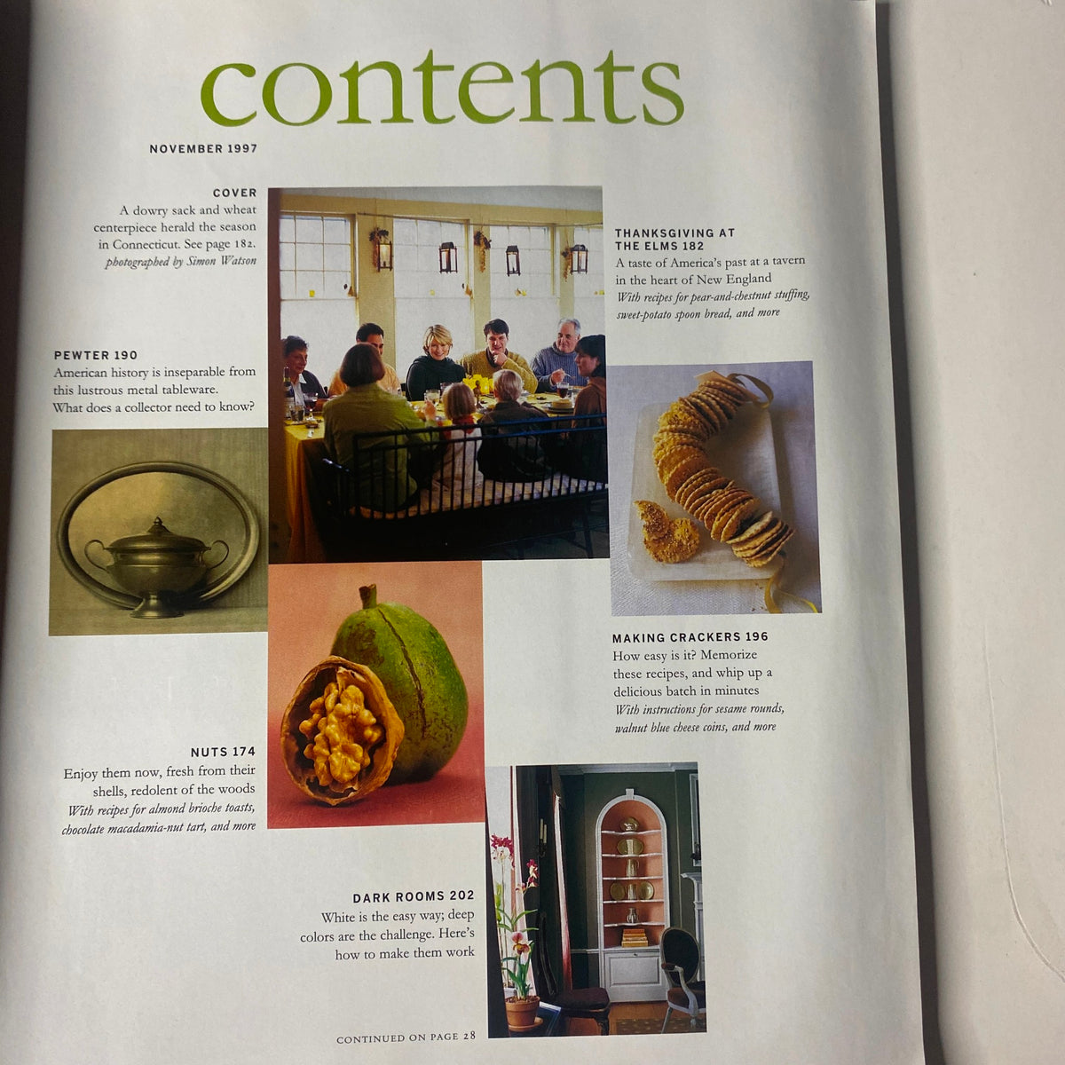 Contents page from Martha Stewart Living Magazine November 1997, listing articles and recipes including Thanksgiving at The Elms, pewter, and making crackers.