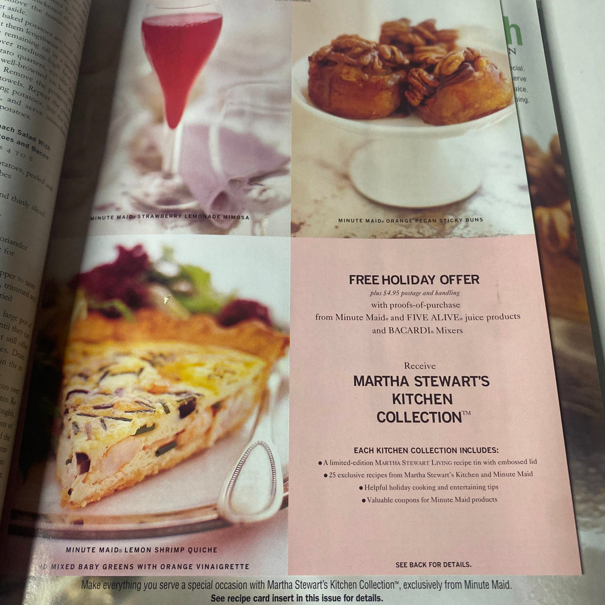 Promotional page from Martha Stewart Living Magazine November 1997 displaying a free holiday offer for Martha Stewart's Kitchen Collection with dessert and recipe imagery.