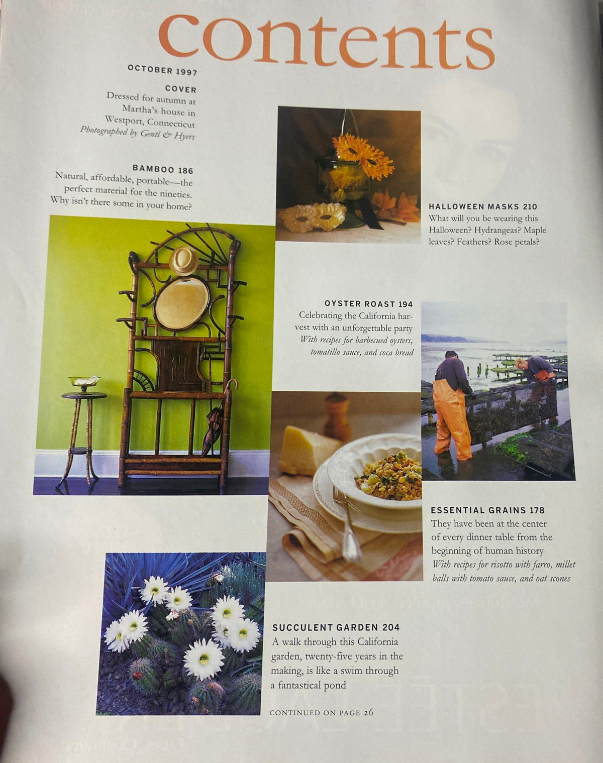 Contents page of Martha Stewart Living Magazine October 1997, highlighting sections on autumn recipes, Halloween projects, and gardening ideas.
