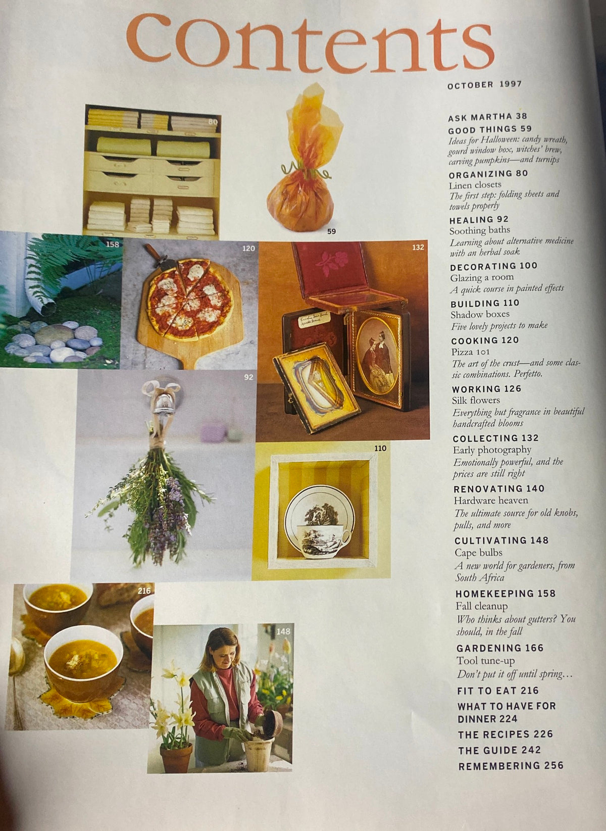 Another contents page of Martha Stewart Living Magazine October 1997, showcasing various articles including cooking, home decorating, and wellness.