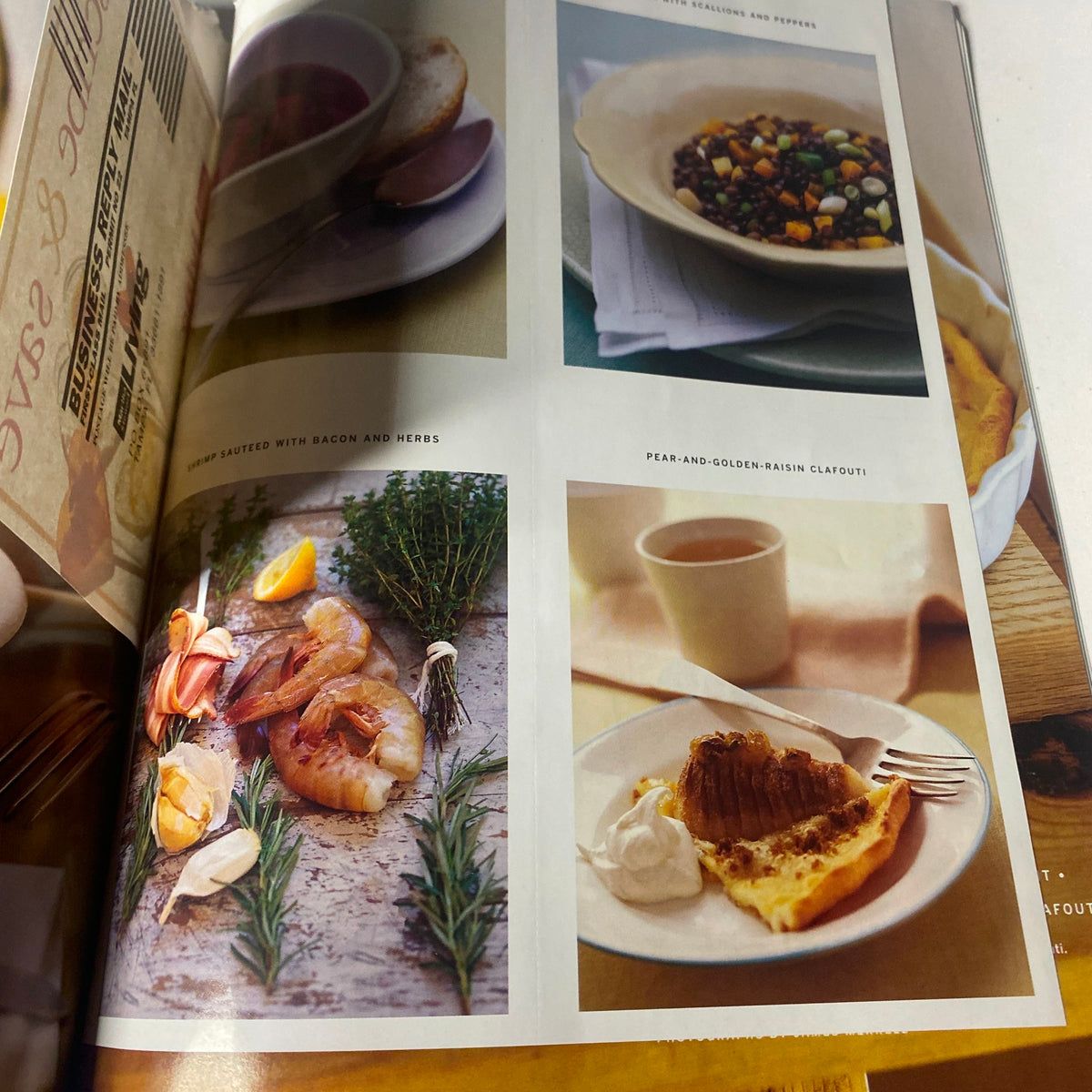Food layout from Martha Stewart Living Magazine February 1997, featuring shrimp dish and dessert recipes including pear-clafouti.