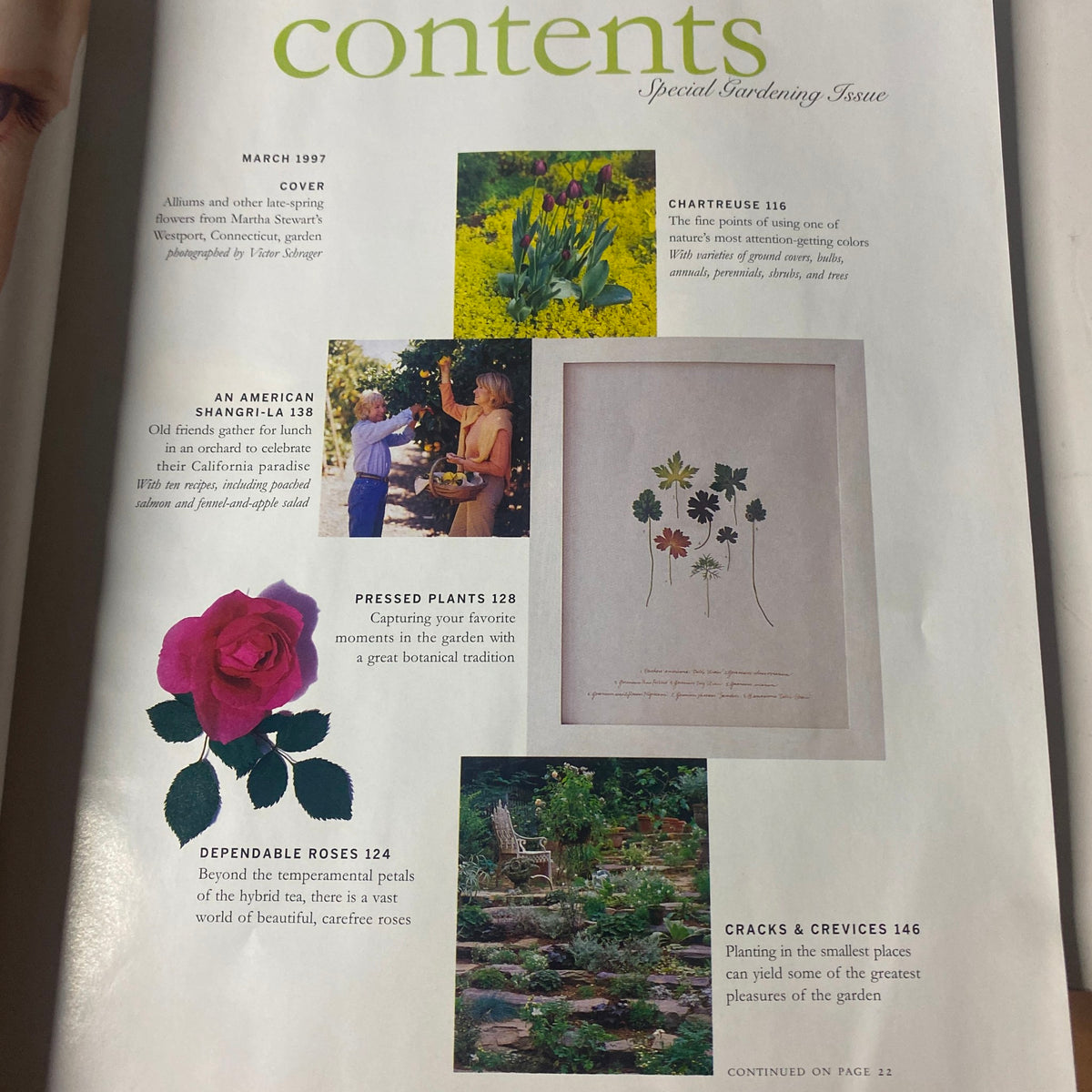 Inside contents page of Martha Stewart Living Magazine March 1997 Special Gardening Issue showcasing articles including Chartreuse, An American Shangri-La, and Pressed Plants.