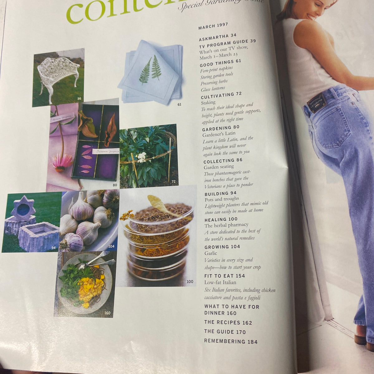 Another content page from Martha Stewart Living Magazine March 1997 Special Gardening Issue highlighting topics like Gardening, Collecting Garden Seating, and Fit to Eat.
