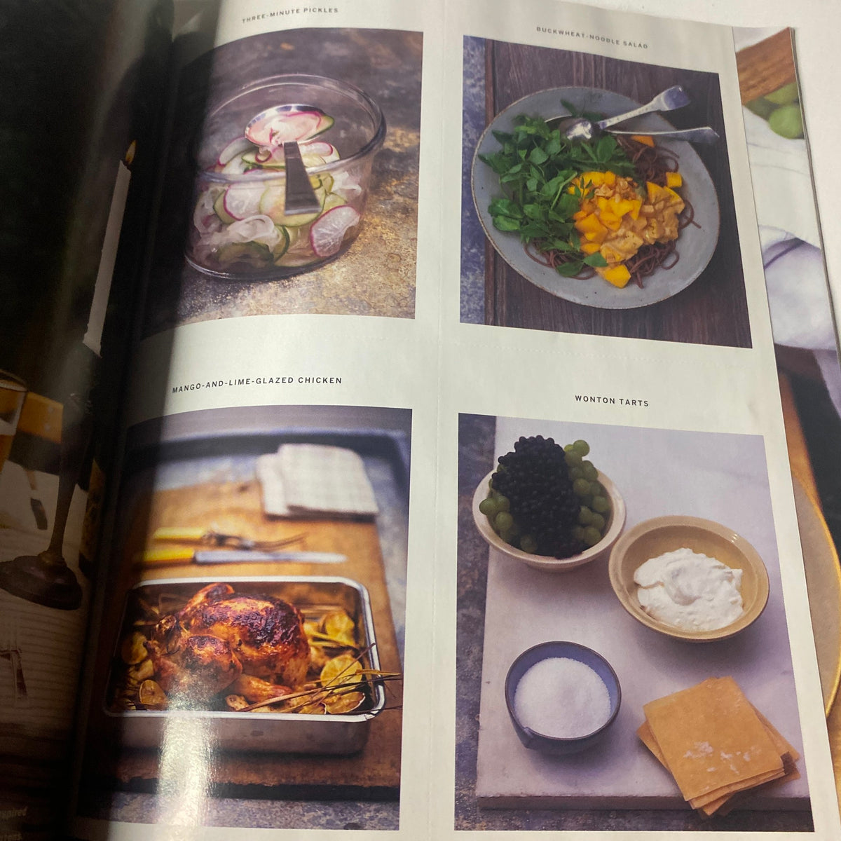 A recipe section from Martha Stewart Living Magazine March 1997 Special Gardening Issue featuring dishes like Mango-and-Lime-Glazed Chicken and Wonton Tarts.