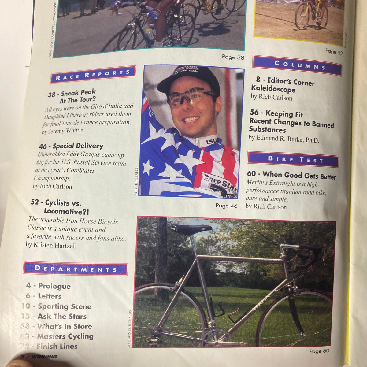 Another inside page of Winning Bicycle Racing Illustrated, August 1996, displaying race reports and bike reviews, including Eddy Gragus's performance and Merlin's Extralight bike.