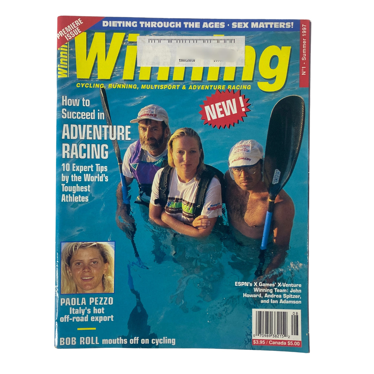 Cover of Winning Bicycle Racing Illustrated Summer 1997 featuring athletes Paola Pezzo, Bob Roll, and Ian Adamson, highlighting adventure racing and cycling tips.