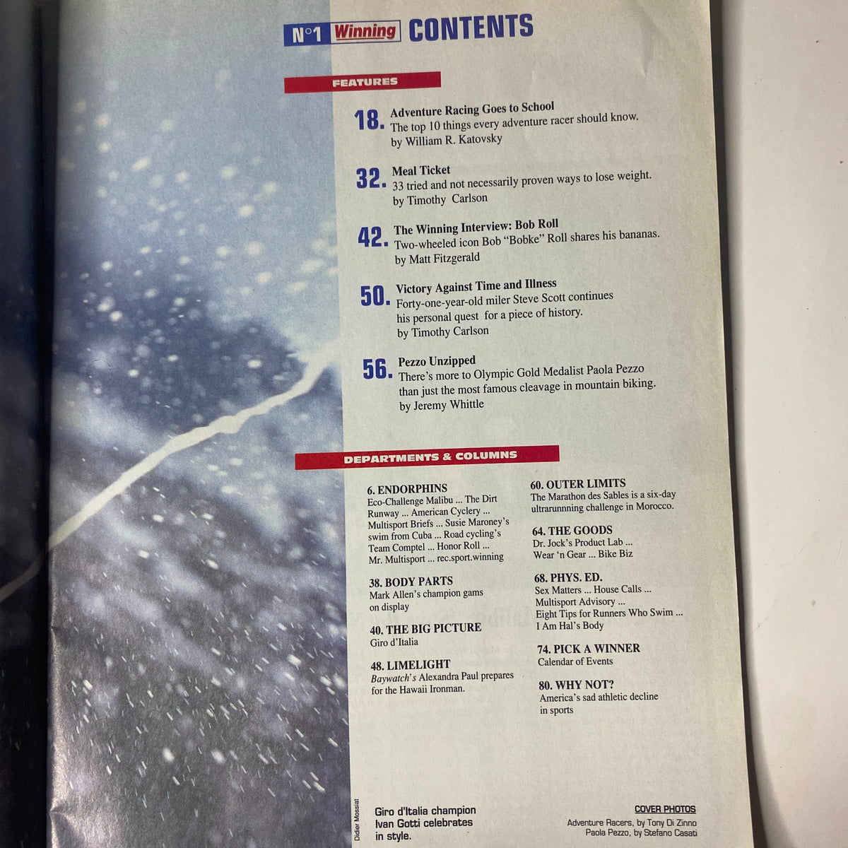 Contents page of Winning Bicycle Racing Illustrated Summer 1997, listing features on adventure racing, interviews, and cycling articles.