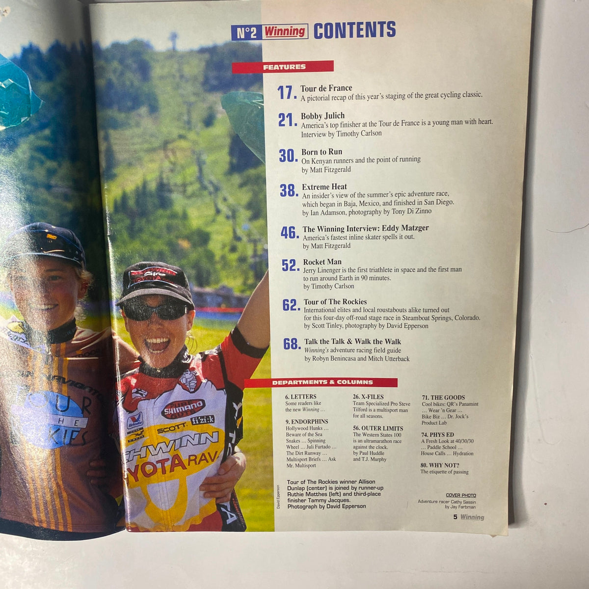 Contents page of Winning Bicycle Racing Illustrated Fall 1997 No. 2, listing features including interviews and articles on cycling and adventure racing.