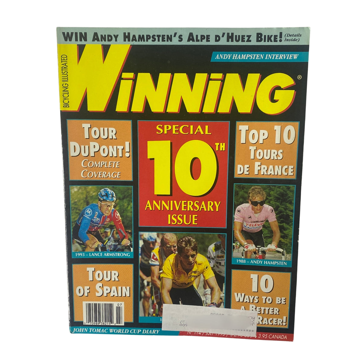 Cover of Winning Bicycle Racing Illustrated, July 1993, No. 114 featuring Lance Armstrong. This special 10th anniversary issue includes highlights from the Tour DuPont, interviews with top cyclists Andy Hampsten and Tomac, and insights on improving cycling performance.