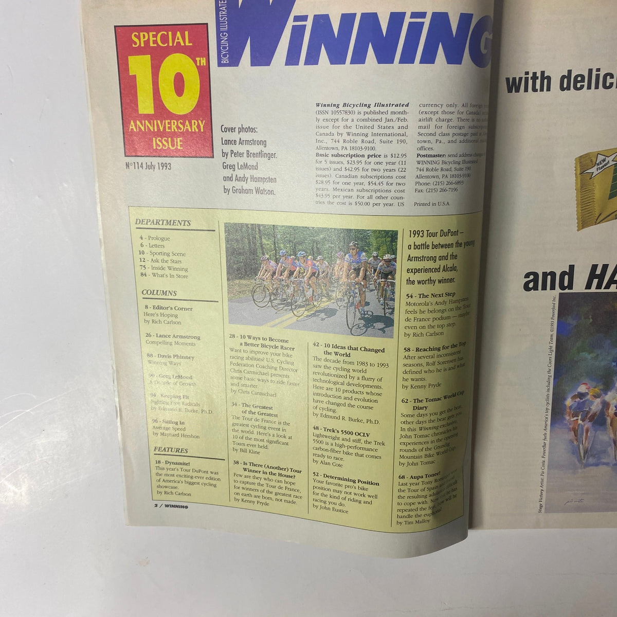 Cover image of Winning Bicycle Racing Illustrated, July 1993, No. 114 featuring Lance Armstrong. This special 10th anniversary issue highlights key cycling events, training insights, and advancements in cycling technology from the era.