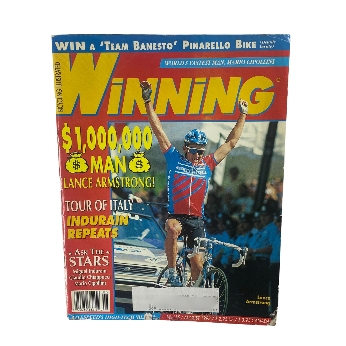 Cover of Winning Bicycle Racing Illustrated, August 1993, No. 115 featuring Lance Armstrong celebrating his $1,000,000 victory in CoreStates Championship and highlighting Miguel Indurain's Giro d'Italia win.