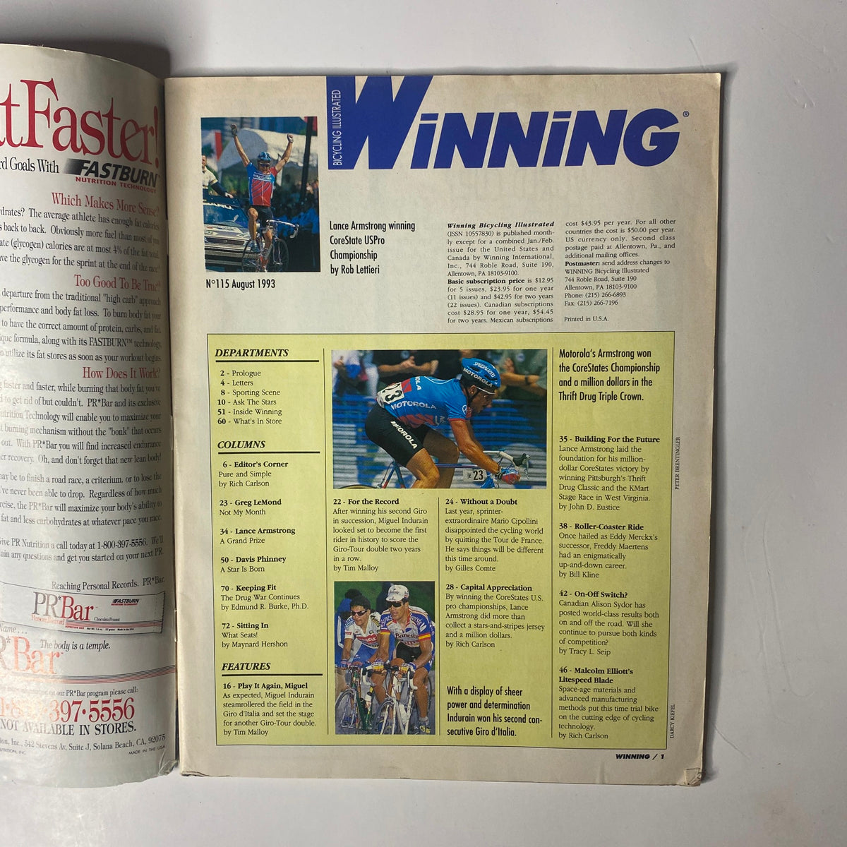 Inside page of Winning Bicycle Racing Illustrated, August 1993, No. 115 showcasing a table of contents with features including Lance Armstrong's achievements and Miguel Indurain's cycling dominance.
