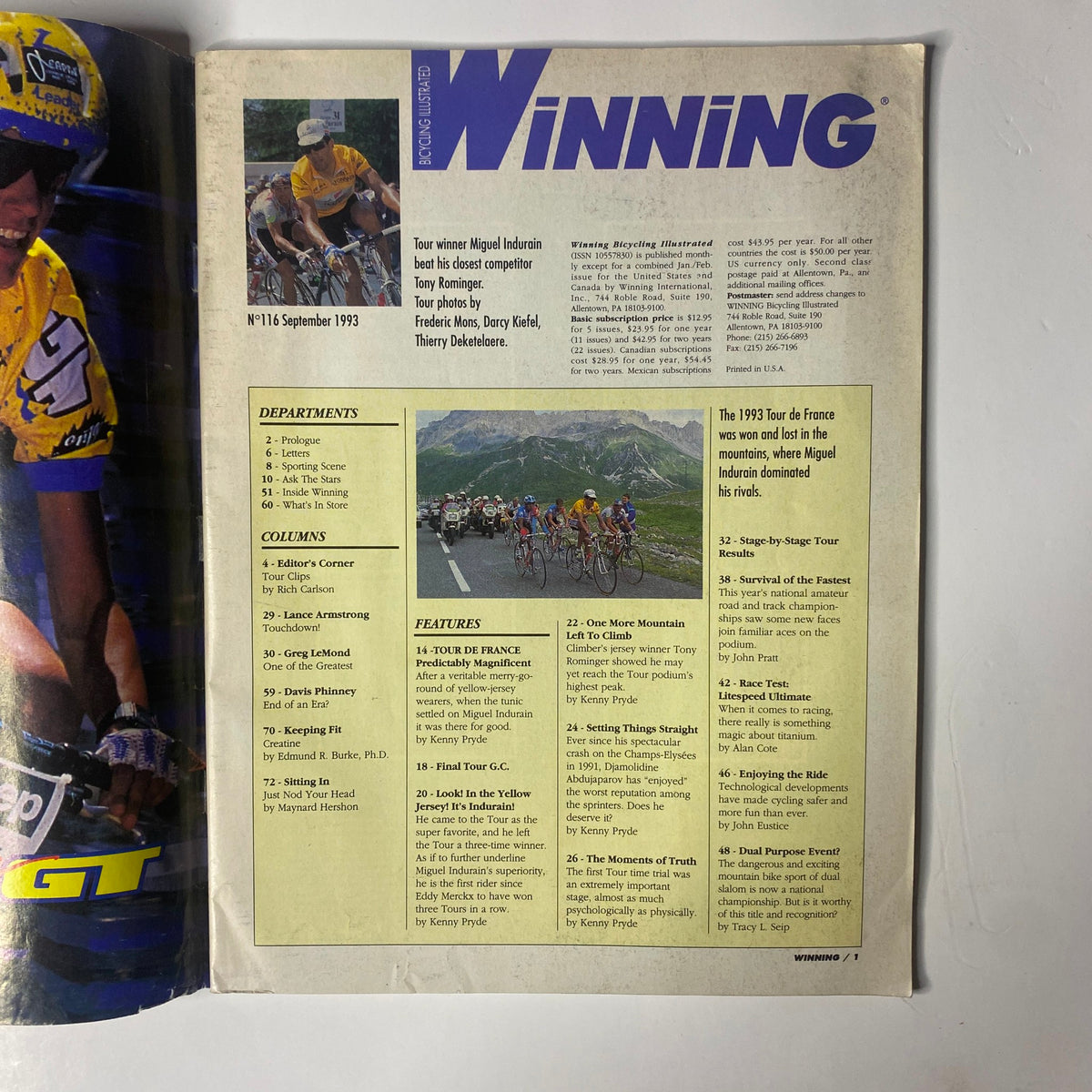 Inside page of Winning Bicycle Racing Illustrated September 1993, No. 116, detailing Miguel Indurain's racing features and columns by various cycling experts.