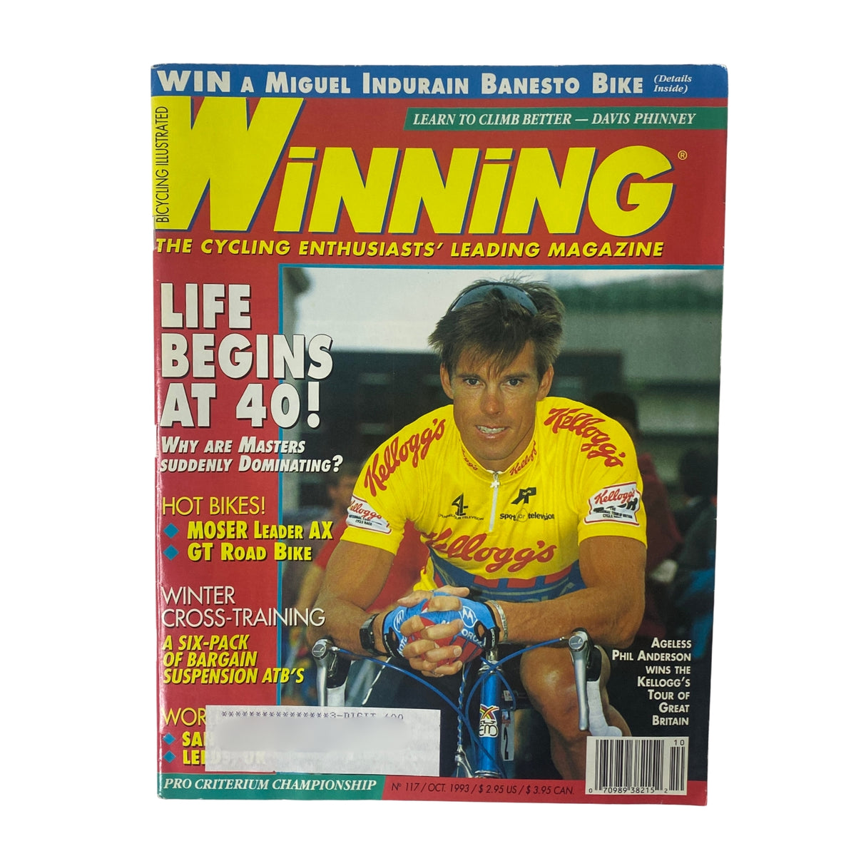 Cover of Winning Bicycle Racing Illustrated, October 1993, No. 117 featuring Phil Anderson, highlighting cycling topics including aging athletes and bike technology.