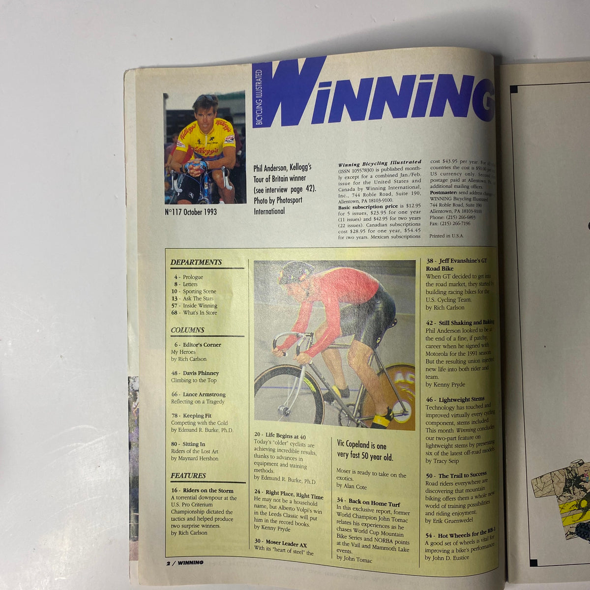 Interior page from Winning Bicycle Racing Illustrated, October 1993, No. 117 showcasing editorial content and illustrations related to cycling events and athlete profiles.