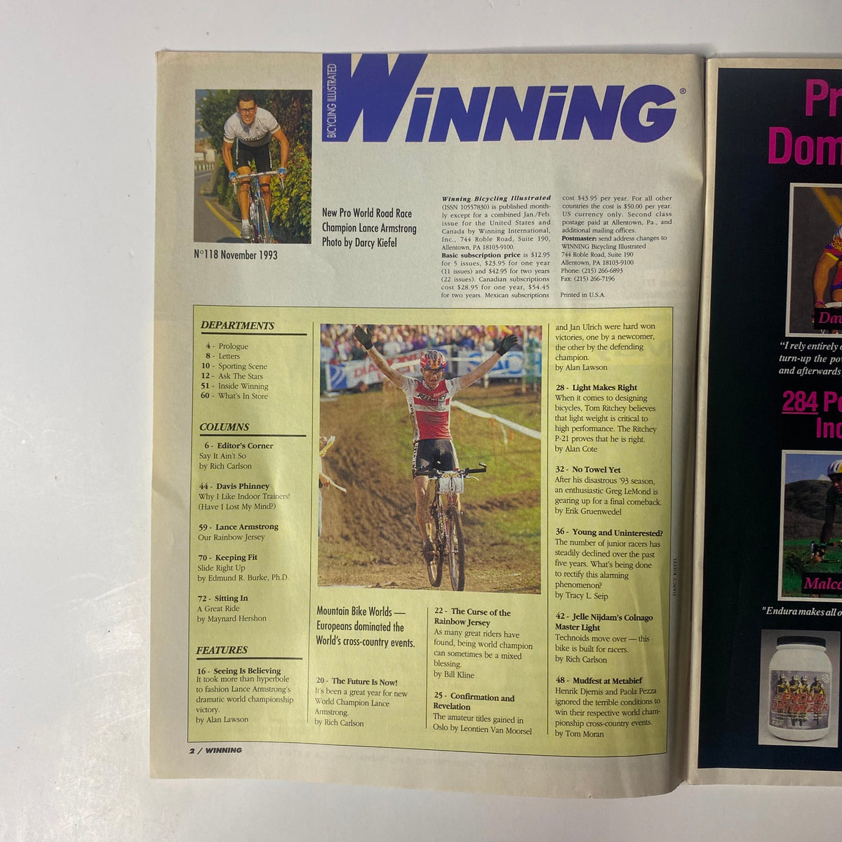 Inside spread of Winning Bicycle Racing Illustrated, November 1993, No. 118 showcasing an article about Lance Armstrong's win. Features a color photo of Armstrong crossing the finish line and layout details including departments and columns.
