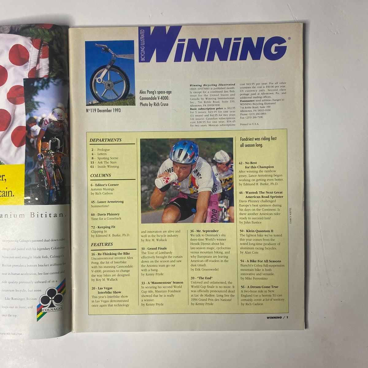 Cover page of Winning Bicycle Racing Illustrated, December 1993, No. 119 featuring Cannondale V-4000 with an athlete in cycling gear and elements depicting cycling events.