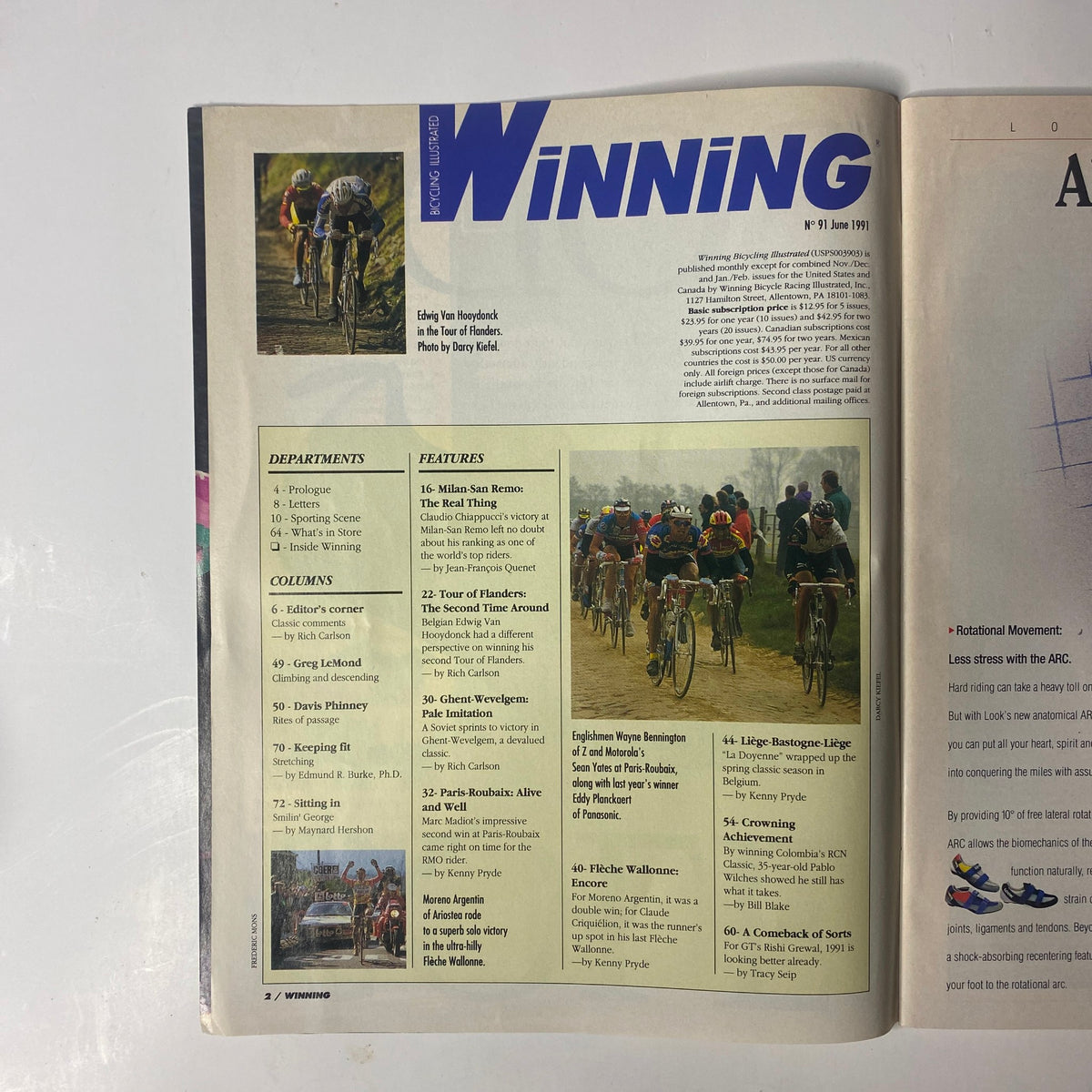 Interior spread of Winning Bicycle Racing Illustrated, June 1991, No. 91 showcasing the table of contents and featuring articles about famous races and cyclists like Edwig Van Hooydonck and Greg LeMond.