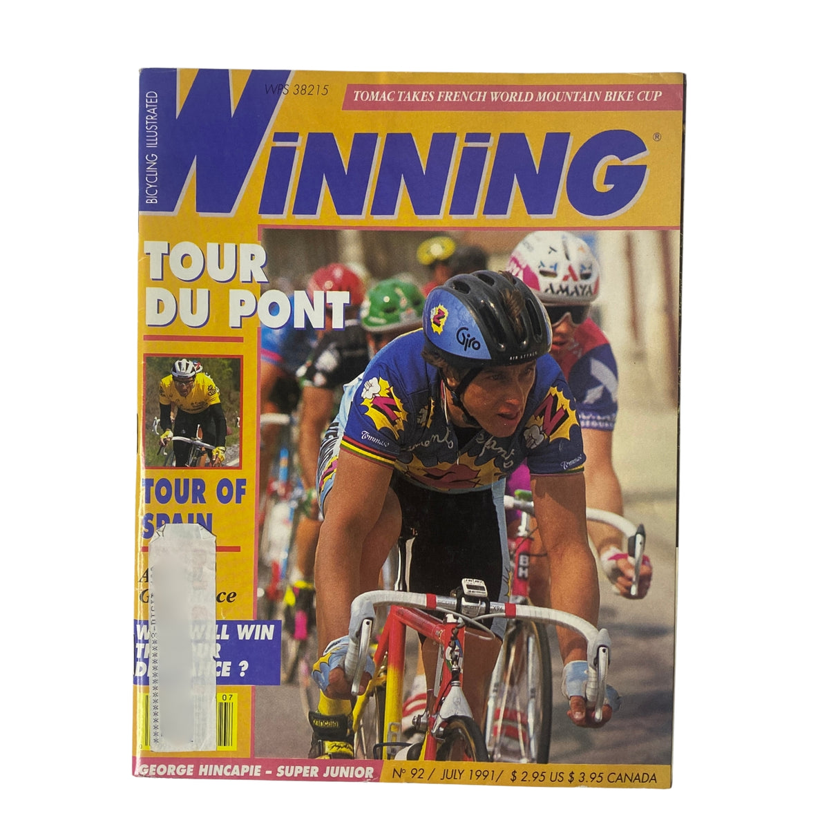 Winning Bicycle Racing Illustrated July 1991 No. 92 magazine cover featuring a cyclist in action during the Tour Du Pont, showcasing vibrant colors and imagery related to professional cycling.
