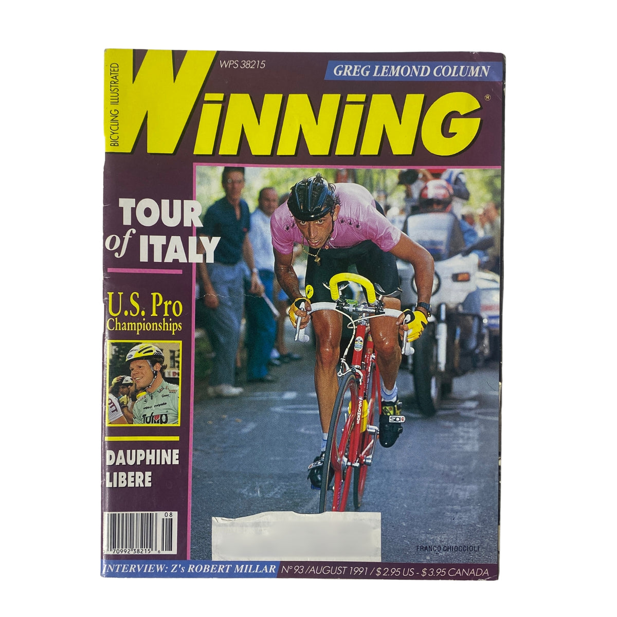 Cover of Winning Bicycle Racing Illustrated, August 1991, No. 93, featuring a cyclist in a pink jersey competing in the Tour of Italy.
