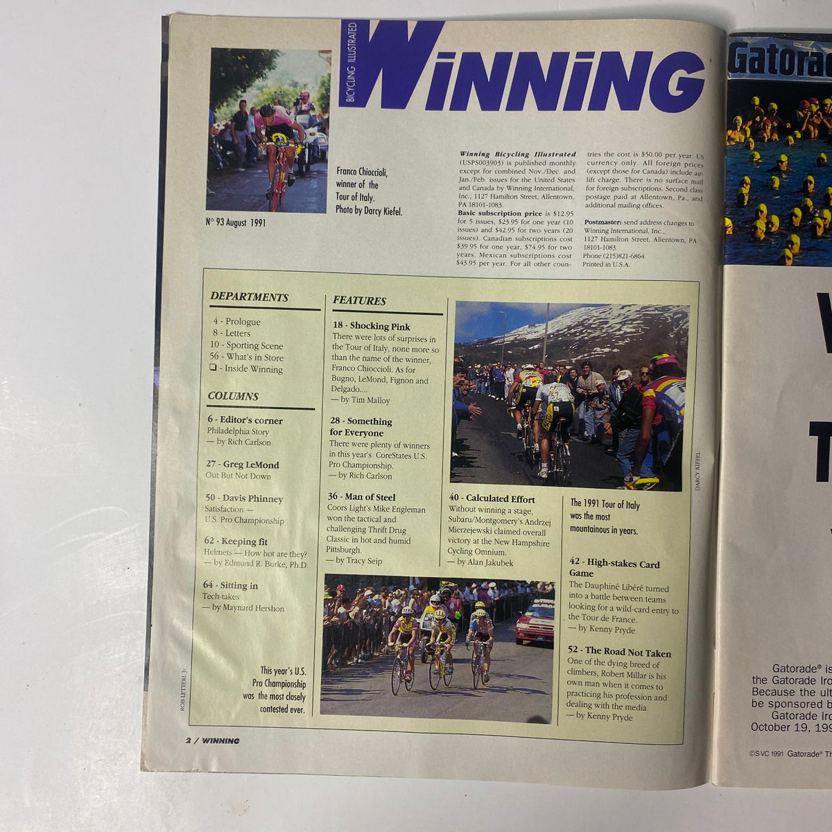 Interior page of Winning Bicycle Racing Illustrated, August 1991, No. 93, showcasing columns and articles, including a feature on Franco Chioccioli.