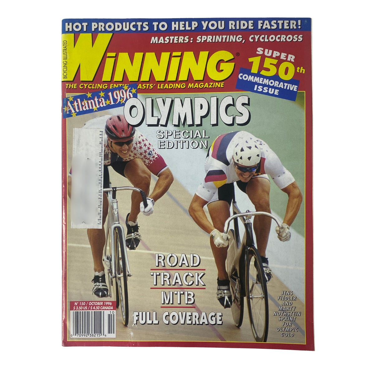Cover of Winning Bicycle Racing Illustrated, October 1996, No. 150 featuring Olympic cyclists in action. Highlights include a special edition celebrating the Atlanta Olympics with coverage of road, track, and mountain biking.