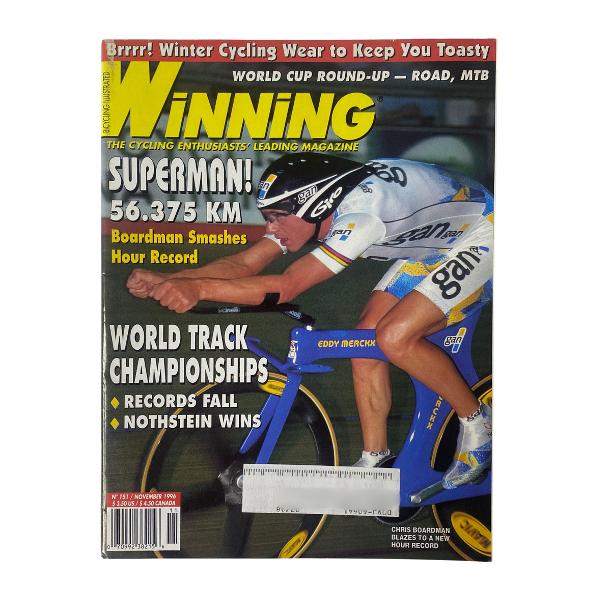 Cover of Winning Bicycle Racing Illustrated, November 1996, No. 151 featuring Chris Boardman breaking the Hour Record on a bicycle, with the headline 'Superman! 56.375 KM'