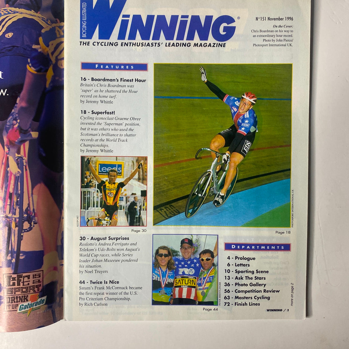 Inside page of Winning Bicycle Racing Illustrated, November 1996, No. 151 showcasing features such as 'Boardman's Finest Hour,' 'Superfast!,' and 'August Surprises' with images of cyclists.
