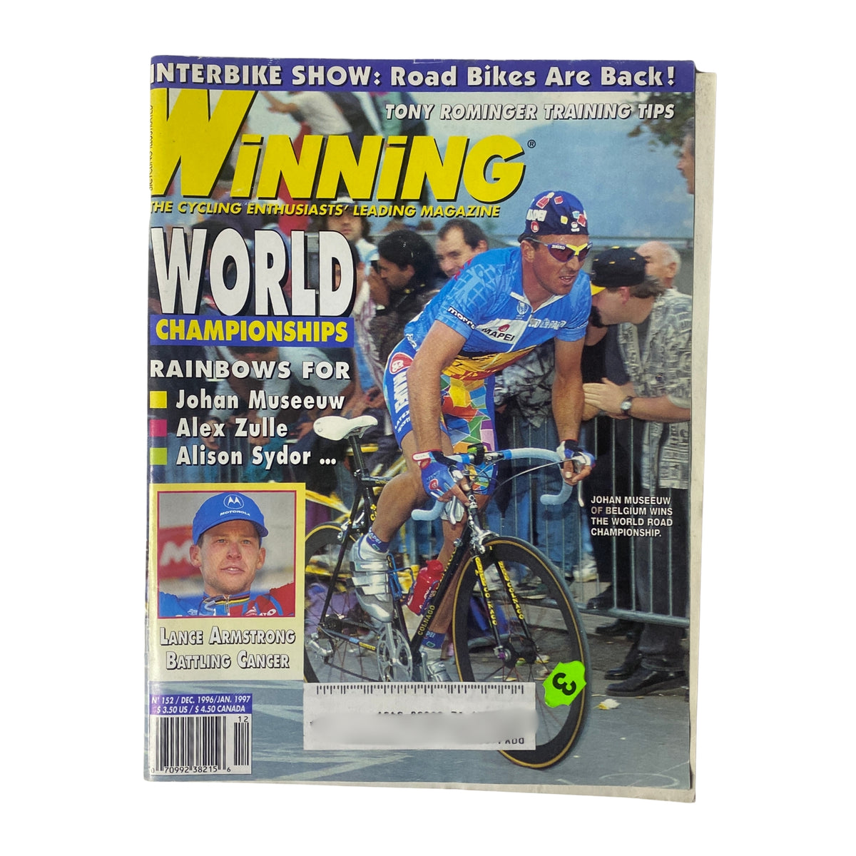 Cover of Winning Bicycle Racing Illustrated, December 1996, No. 152 featuring Johan Museeuw, Alex Zülle, and Alison Sydor. Highlights the World Championships in cycling.